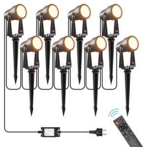 Gartenbeleuchtung mit Strom 29M, 3W*8 Stück Außenbeleuchtung Garten mit Fernbedienung 3000K Warmweiß mit Timer-Funktion, 27V Gartenstrahler LED Außen IP65 Wasserdicht für Weg, Rasen, Hof, Terrasse