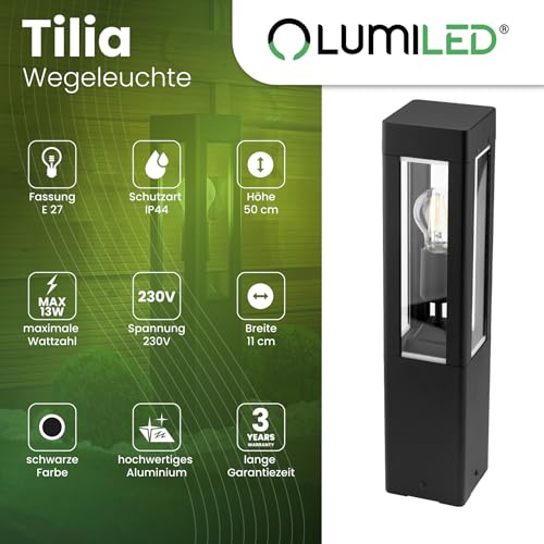 Lumiled Außenleuchte Pollerleuchte Außenstehleuchte Stehlampe Wegeleuchte Gartenleuchte Wegelampe stehend 50 cm IP44 Schwarz rechteckig spritzwasserdicht Aluminium E27 Fassung max 13W – Bild 2