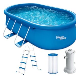Summer Waves Quick Up Pool Komplettset | Oval 457x305x107 cm Blau | Aufstellpool Set | Gartenpool & Schwimmbecken inkl. Filterpumpe, Leiter, Bodenvlies & Abdeckplane