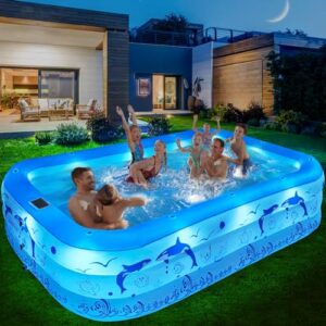 LanOcean Aufblasbarer Pool Erwachsene mit Lichter, Solar Swimmingpool Kinder mit 12 Beleuchtungmodi, Rechteckig Planschbecken Groß 240x150x55CM Schwimmbecken Kinder Familienpool Garten Pool für Balkon