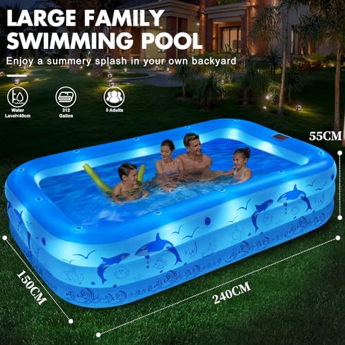 LanOcean Aufblasbarer Pool Erwachsene mit Lichter, Solar Swimmingpool Kinder mit 12 Beleuchtungmodi, Rechteckig Planschbecken Groß 240x150x55CM Schwimmbecken Kinder Familienpool Garten Pool für Balkon – Bild 3