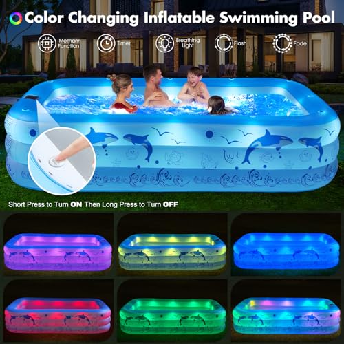LanOcean Aufblasbarer Pool Erwachsene mit Lichter, Solar Swimmingpool Kinder mit 12 Beleuchtungmodi, Rechteckig Planschbecken Groß 240x150x55CM Schwimmbecken Kinder Familienpool Garten Pool für Balkon – Bild 4