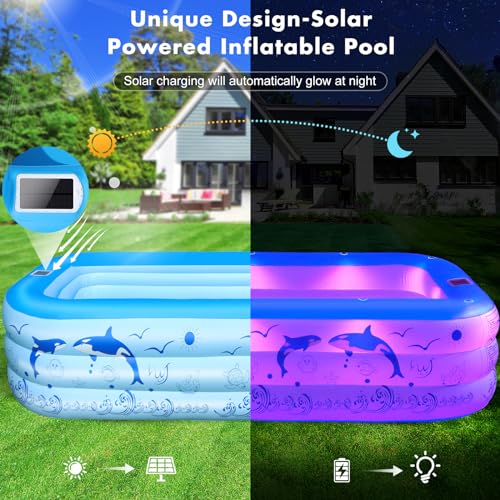 LanOcean Aufblasbarer Pool Erwachsene mit Lichter, Solar Swimmingpool Kinder mit 12 Beleuchtungmodi, Rechteckig Planschbecken Groß 240x150x55CM Schwimmbecken Kinder Familienpool Garten Pool für Balkon – Bild 2