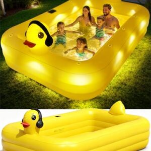 KingSom Aufblasbarer Pool mit Poolbeleuchtung, Solar Enten Planschbecken Groß für Kinder und Erwachsene, Aufstellpool Pool Rechteckig für Sommer, 254 x 160 x 56 cm Familienpool Aufblasbar für Garten