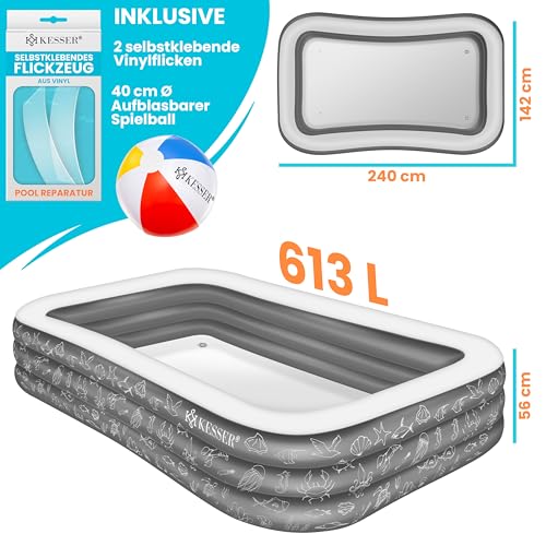 KESSER® Aufblasbarer Pool Familienpool für Kinder und Erwachsene Gartenschwimmbad Familienschwimmbad Sommer 240x142x56 cm Planschbecken 613 Liter Füllmenge Kinderfreundlich Inkl. Flickzeug & Ball – Bild 7