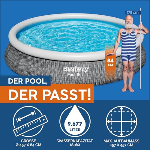 Bestway Fast Set Aufstellpool-Set mit Filterpumpe Ø 457 x 84 cm, Rattan-Optik (Schiefergrau), rund – Bild 3